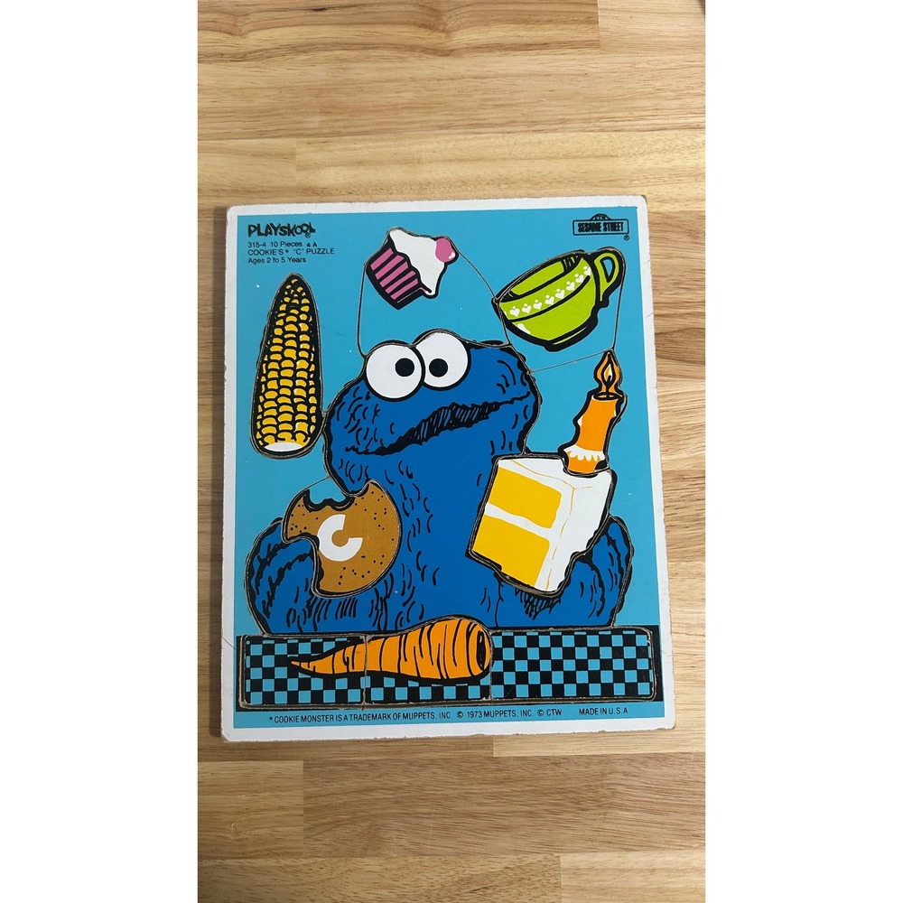 Vintage 1973 Playskool Sesame Street Cookie Monster Wooden Tray Puzzle 315-4